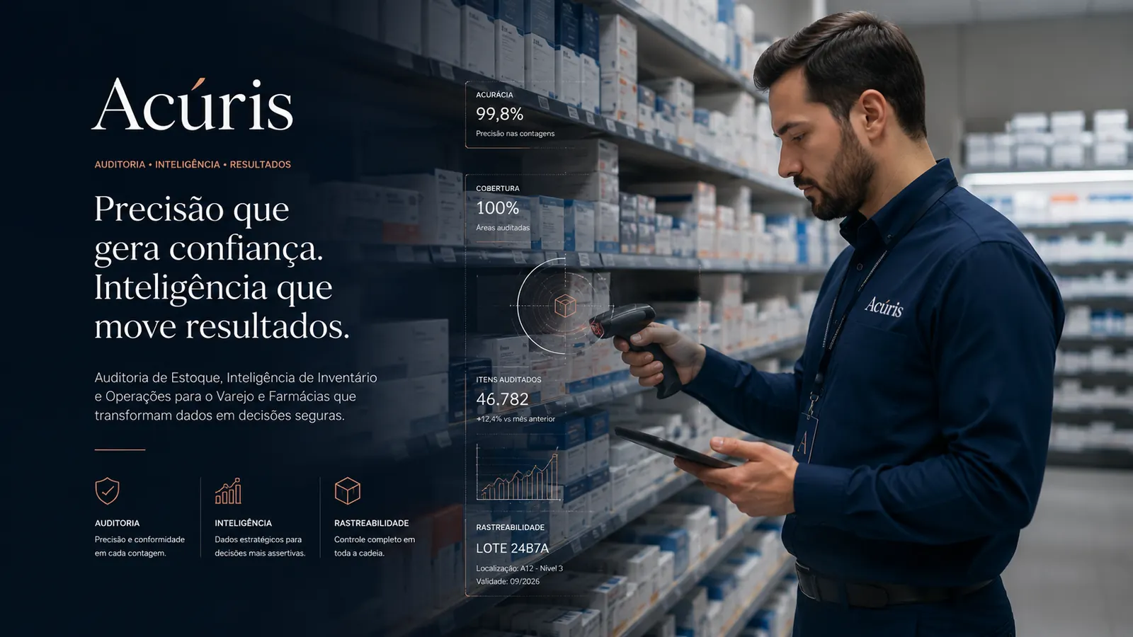 Painel conceitual da Plataforma Acúris com indicadores de auditoria de estoque